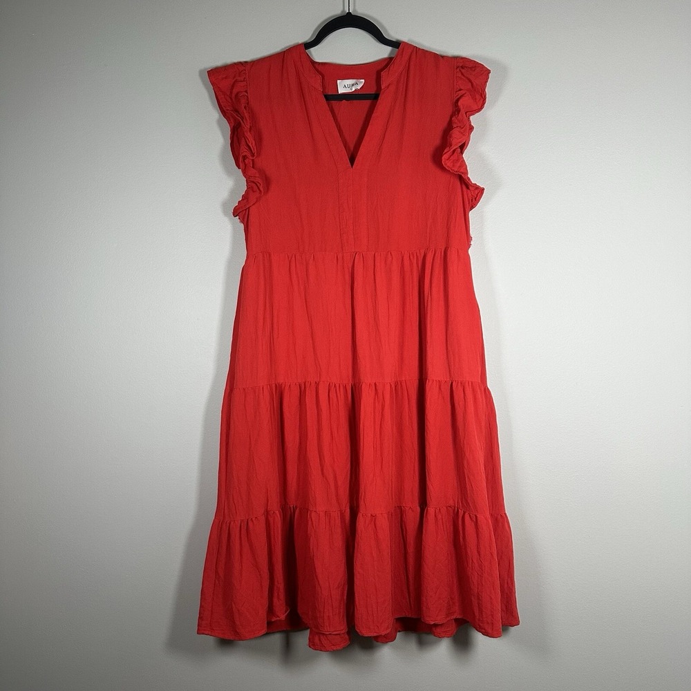 Aura Large Tiered Midi Dress Red Cap Sleeve Ruffle V-Neck Pockets Casual Boho